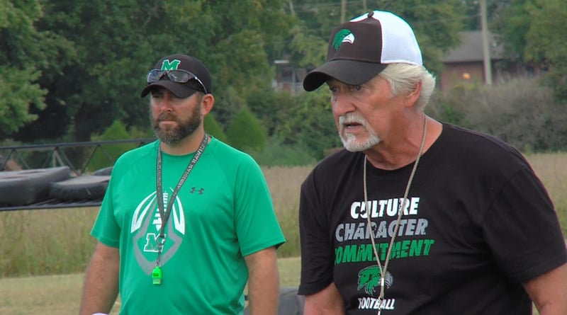 Meridian head coach Micah Sheppard (left) is now the boss of his dad, Dennis Sheppard (right) in a role reversal from their time at Eisenhower. Meridian head coach Micah Sheppard (left) is now the boss of his dad, Dennis Sheppard (right) in a role reversal from their time at Eisenhower.