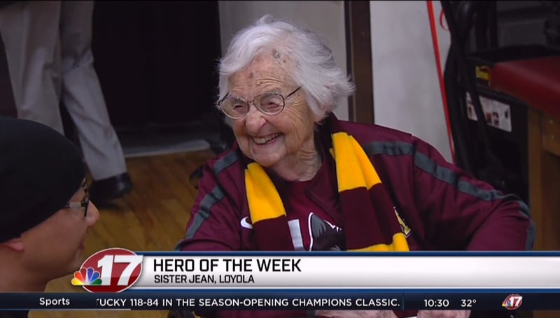 Sister Jean greets an admirer on Tuesday night before Loyola's home opener against UMKC. Sister Jean greets an admirer on Tuesday night before Loyola's home opener against UMKC.
